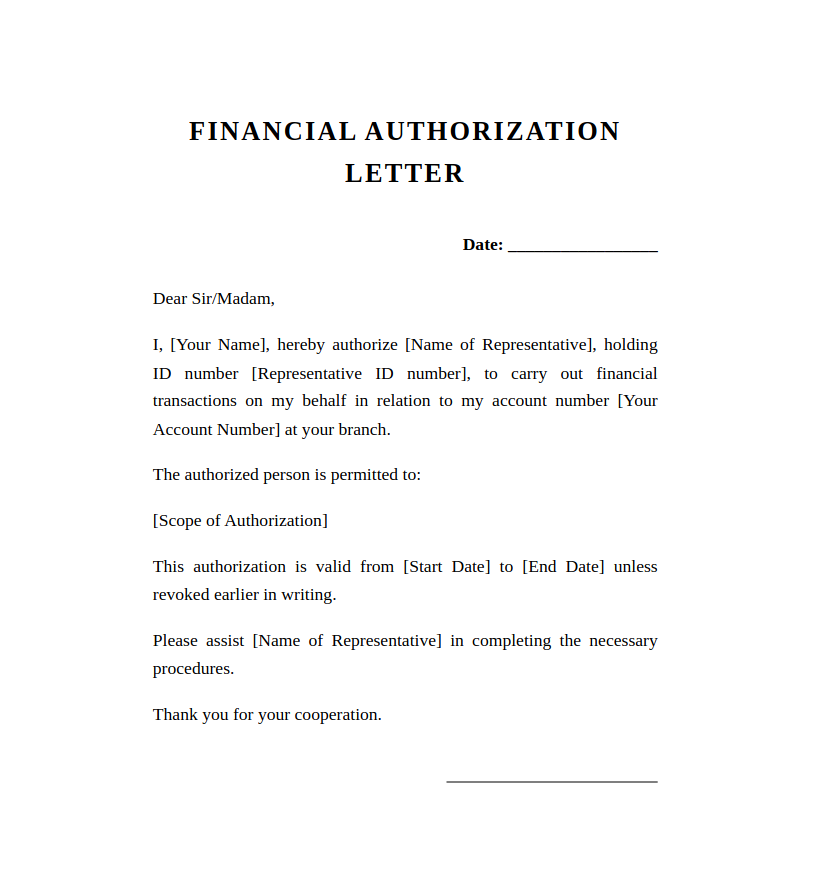 Financial authorization letter template